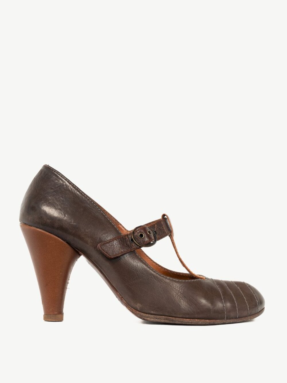 Chie Mihara Brown Quilted T-Strap Mary Jane Pumps
